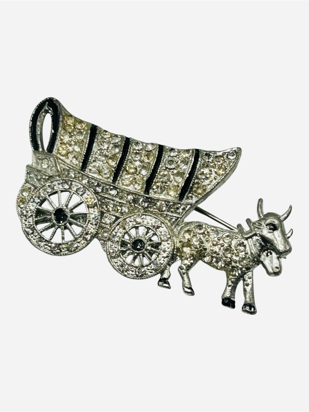 Vintage Conestoga Wagon Oxen Paste Rhinestone Enamel Brooch 1940’s